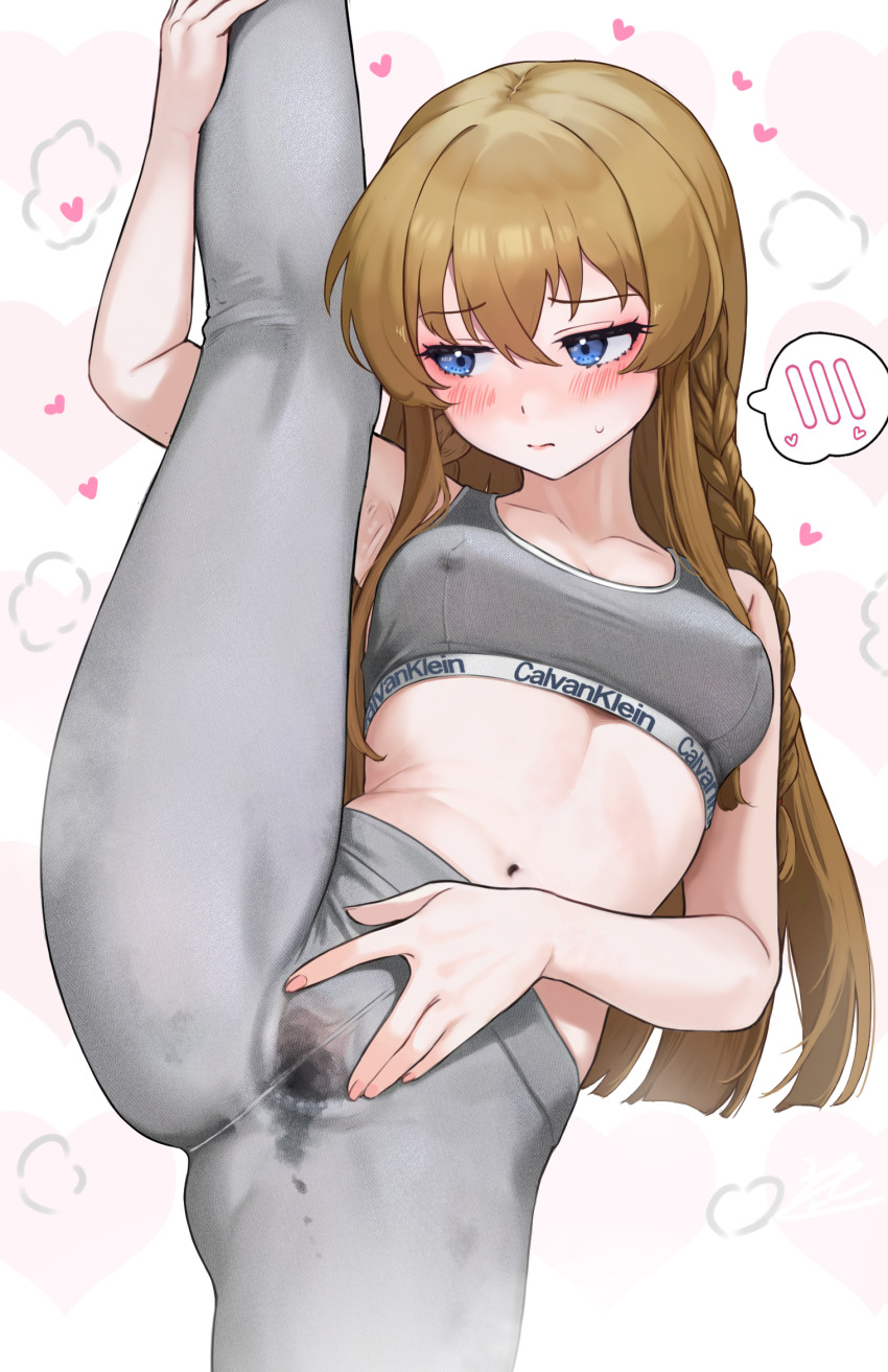 1girl armpits averting_eyes blue_eyes blunt_ends blush brand_name_imitation breasts brown_hair c_(theta) calvin_klein collarbone commentary_request covered_erect_nipples grey_leggings grey_sports_bra heart heart_background highres idolmaster idolmaster_million_live! kousaka_umi leggings linea_alba long_braid long_hair medium_breasts navel solo split spoken_blush sports_bra spread_pussy spread_pussy_under_clothes standing standing_on_one_leg standing_split steam straight_hair very_long_hair white_background