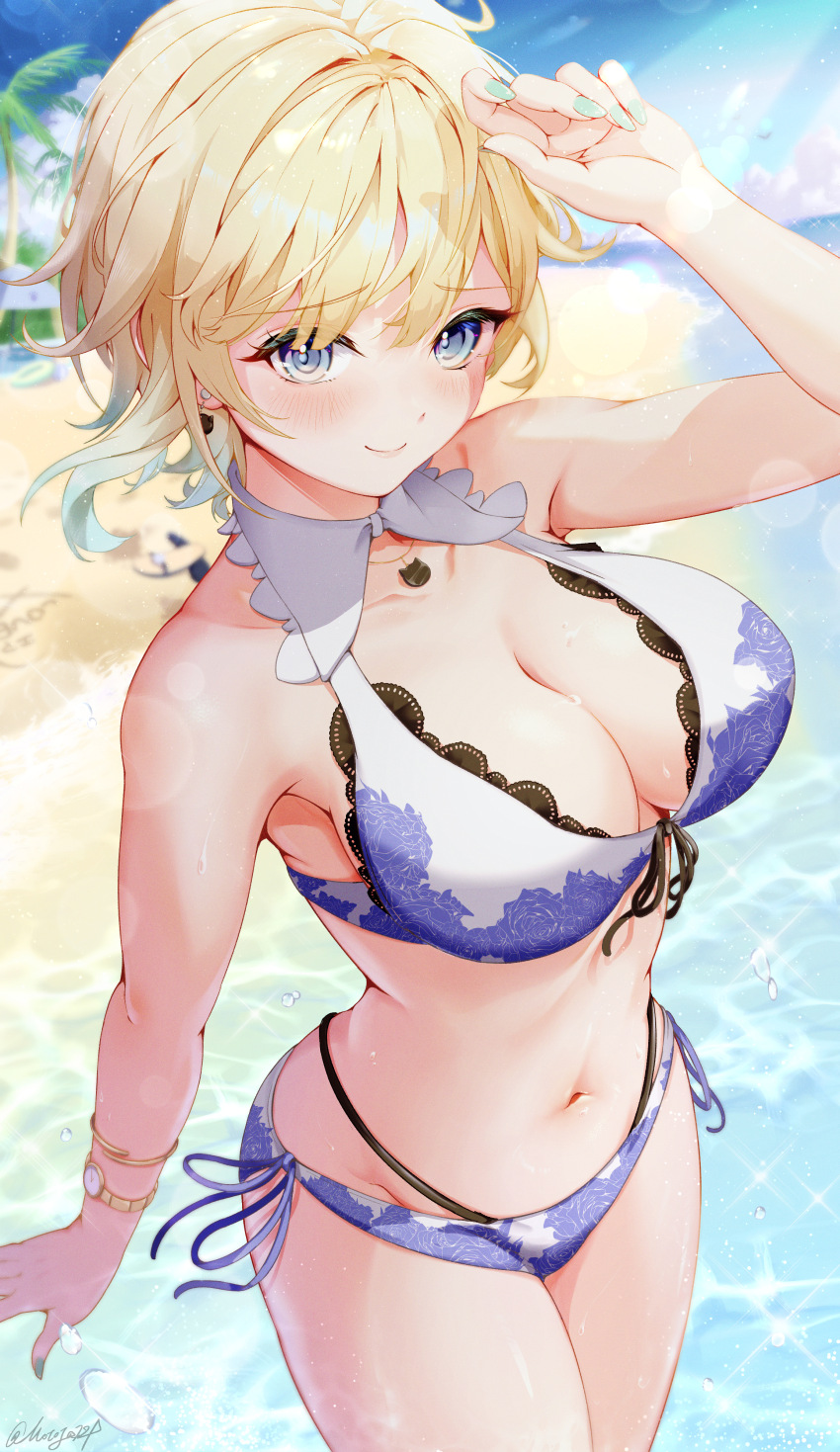 1girl absurdres aizawa_ema aizawa_ema_(summer_c102) alternate_hairstyle aqua_nails armpits beach bikini bikini_day blonde_hair blue_bikini blue_eyes blue_sky blush breasts cat_earrings closed_mouth day earrings floral_print_bikini front-tie_bikini_top front-tie_top gradient_hair highres jewelry large_breasts layered_bikini looking_at_viewer motoja_72p multicolored_hair nail_polish navel ocean outdoors palm_tree side-tie_bikini_bottom sky smile solo stomach swimsuit thighs tree virtual_youtuber vspo! watch white_bikini wristwatch