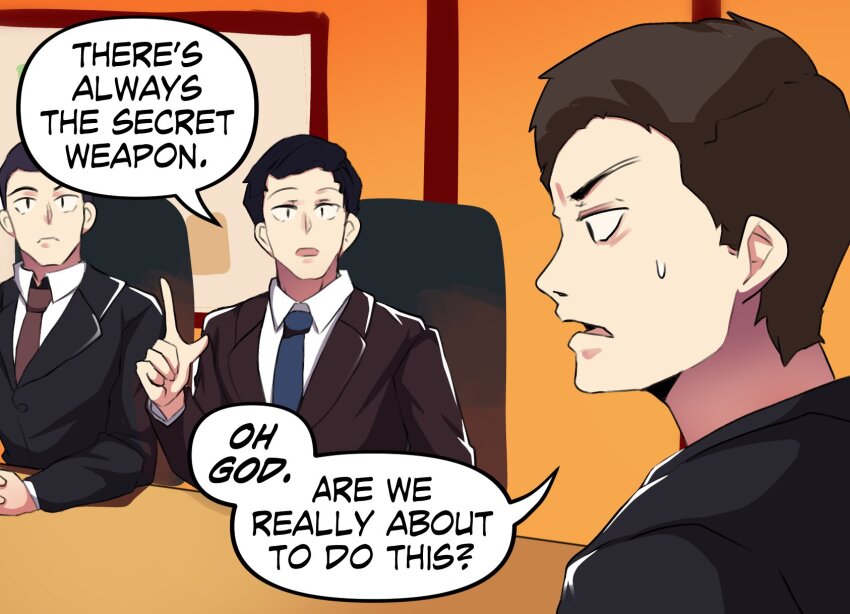 3boys black_hair blue_necktie brown_hair formal_clothes highres hinghoi hooters male_focus merryweather multiple_boys necktie office own_hands_together suit table