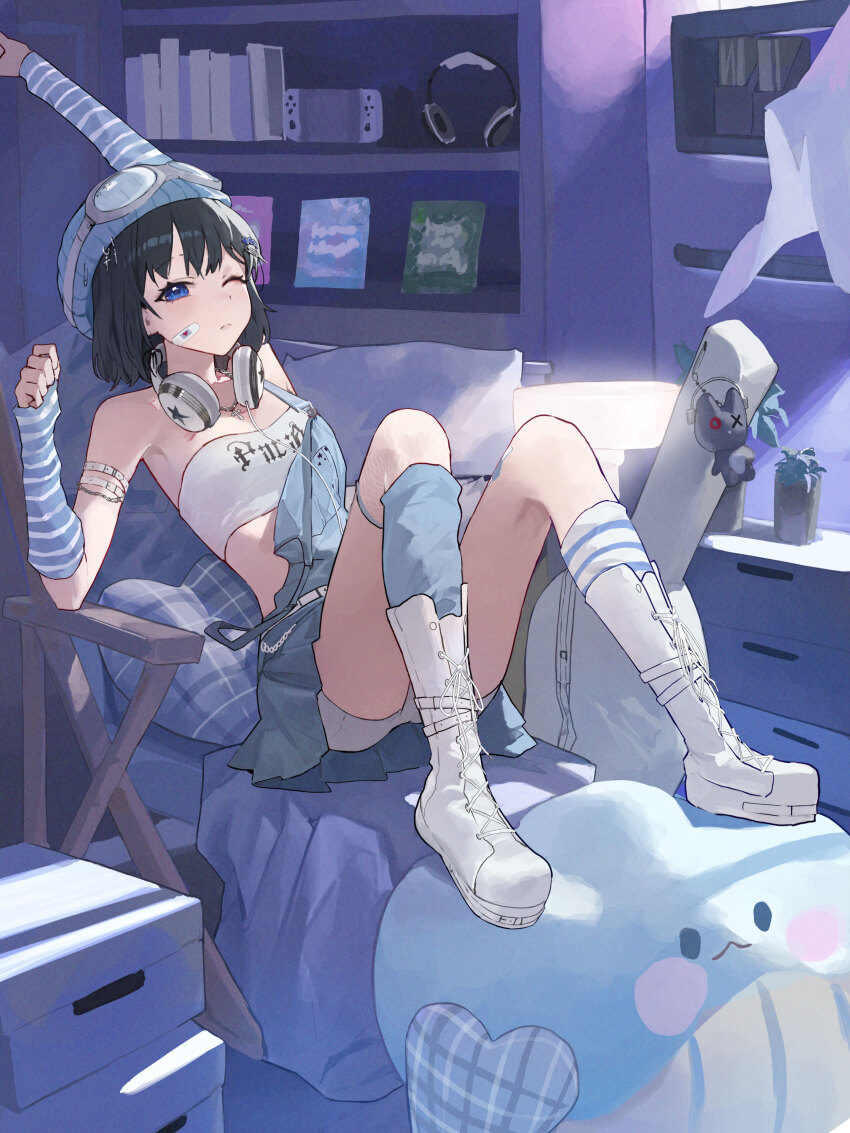 1girl absurdres arm_up arm_warmers asymmetrical_legwear bandeau bare_shoulders beanie black_hair blue_eyes blue_skirt boots closed_mouth goggles goggles_on_headwear hand_up hat headphones headphones_around_neck highres knee_boots kneehighs knees_up looking_at_viewer lying mac_star miniskirt on_back one_eye_closed original overall_skirt pleated_skirt reclining short_hair shorts shorts_under_skirt skirt socks solo strapless thighs tube_top white_shorts