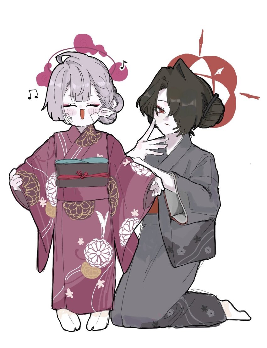 2girls alternate_costume bandaid bandaid_on_face black_hair blue_archive blush closed_eyes floral_print grey_hair grey_kimono grey_sash hair_between_eyes hair_bun hair_over_one_eye hand_on_own_face highres japanese_clothes kimono kneeling kokuriko_(blue_archive) lipstick makeup multiple_girls open_mouth pointy_ears purple_kimono red_eyes shuro_(blue_archive) sidelocks socks syurorori white_socks wide_sleeves