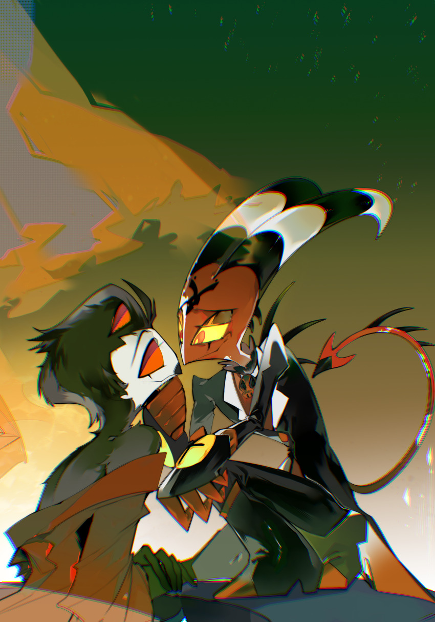 2boys absurdres black_feathers blitzo_(helluva_boss) demon_boy demon_horns demon_tail extra_eyes feathers helluva_boss highres horns multiple_boys red_eyes stolas_(helluva_boss) tail zhu_xing_pupupu