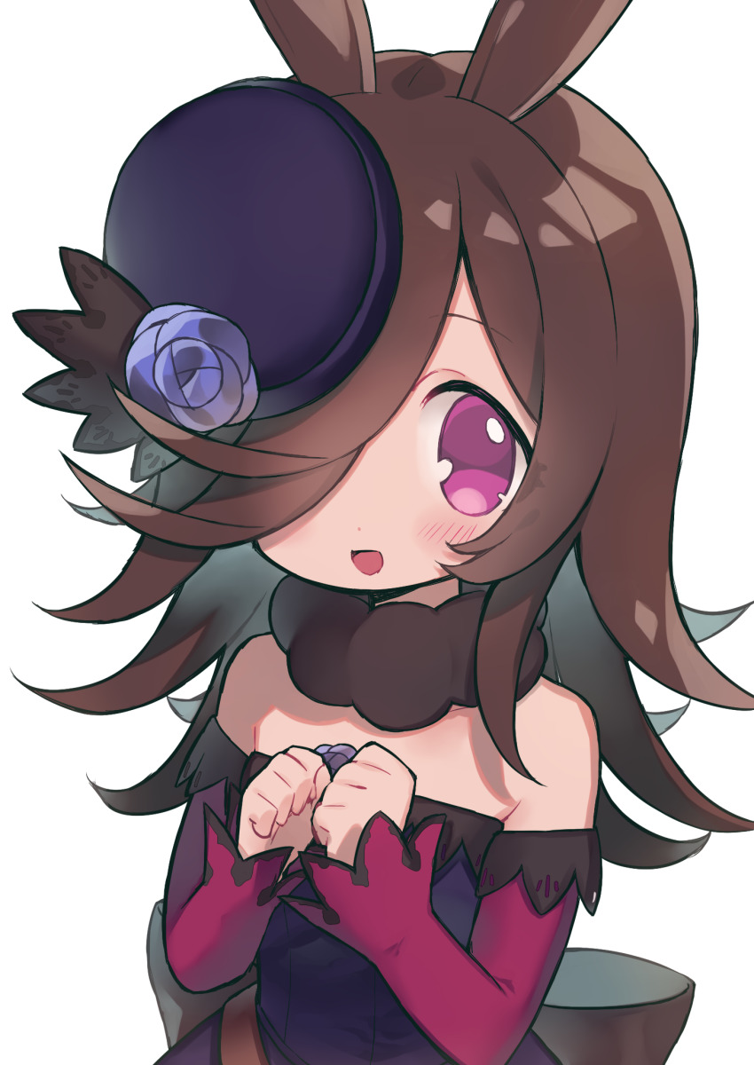 1girl animal_ears bare_shoulders blue_flower blue_rose commentary detached_sleeves flower hair_over_one_eye highres horse_ears long_hair open_mouth pink_eyes rice_shower_(umamusume) rose simple_background solo umamusume white_background zudzuki