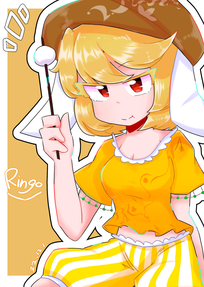 absurdres animal_ears blonde_hair breasts brown_hat character_name chinese_commentary cleavage closed_mouth colored_eyelashes commentary_request dango food hat highres holding lop_rabbit_ears priswocaer rabbit_ears rabbit_girl red_eyes ringo_(touhou) shirt short_hair short_sleeves shorts sitting small_breasts smile striped_clothes striped_shirt striped_shorts touhou vertical-striped_clothes vertical-striped_shorts wagashi yellow_shirt