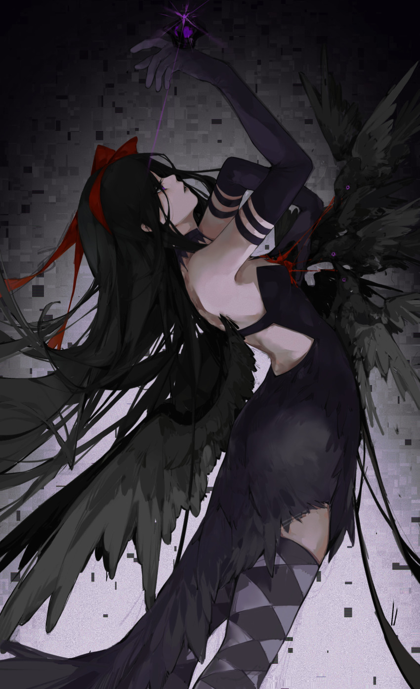1girl absurdres akemi_homura akuma_homura arched_back argyle_clothes argyle_thighhighs arm_up backless_dress backless_outfit bare_back bare_shoulders bird black_bird black_hair black_wings blood bow_hairband choker crow dress elbow_gloves exposed_heart expressionless feather-trimmed_dress feather_trim feathered_wings feet_out_of_frame from_side glint gloves grief_seed hairband highres injury leaning_back long_hair mahou_shoujo_madoka_magica mahou_shoujo_madoka_magica:_hangyaku_no_monogatari mubi_(mubi645048) parted_lips plucking profile purple_choker purple_dress purple_eyes purple_gloves purple_thighhighs red_hairband solo strapless strapless_dress thighhighs vignetting white_background wings
