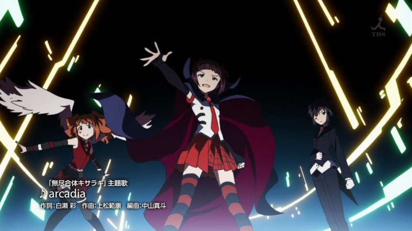 3girls amami_haruka asymmetrical_clothes black_hair brown_hair butler cape elbow_gloves facepaint female_butler formal_clothes gloves harustein idolmaster idolmaster_(classic) kikuchi_makoto miniskirt mujin_gattai_kisaragi multiple_girls necktie non-web_source orange_hair plaid_clothes plaid_skirt pleated_skirt red_skirt skirt suit takatsuki_yayoi thighhighs wings zettai_ryouiki