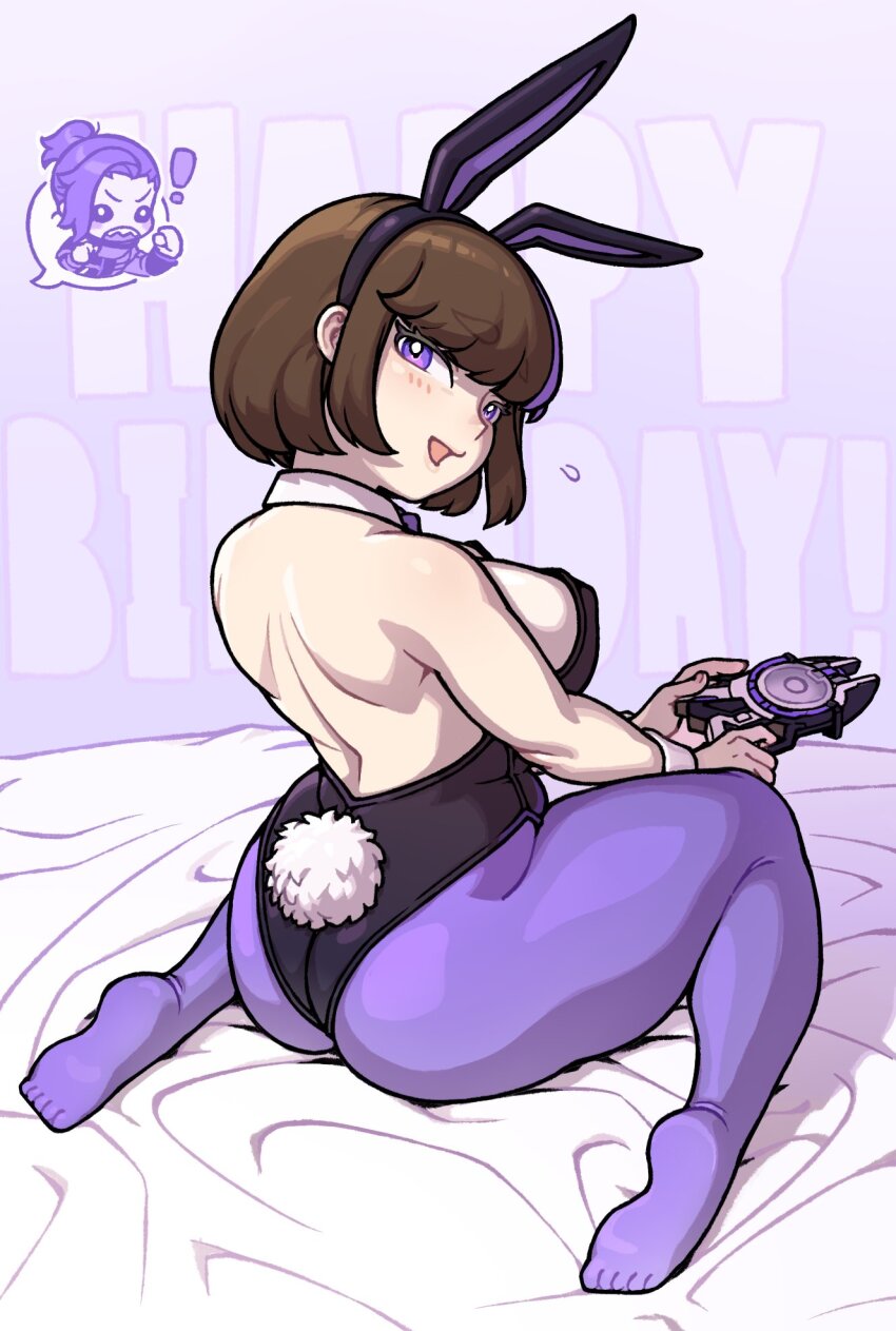 ! 1boy 1girl animal_ears black_hairband black_leotard blush breasts brown_hair detached_collar fake_animal_ears fake_tail from_behind hair_behind_ear hairband happy_birthday highres kamen_rider kamen_rider_geats_(series) large_breasts laser_raise_riser leotard meen on_bed original pantyhose playboy_bunny purple_pantyhose rabbit_ears rabbit_tail short_hair sitting smile tail wariza