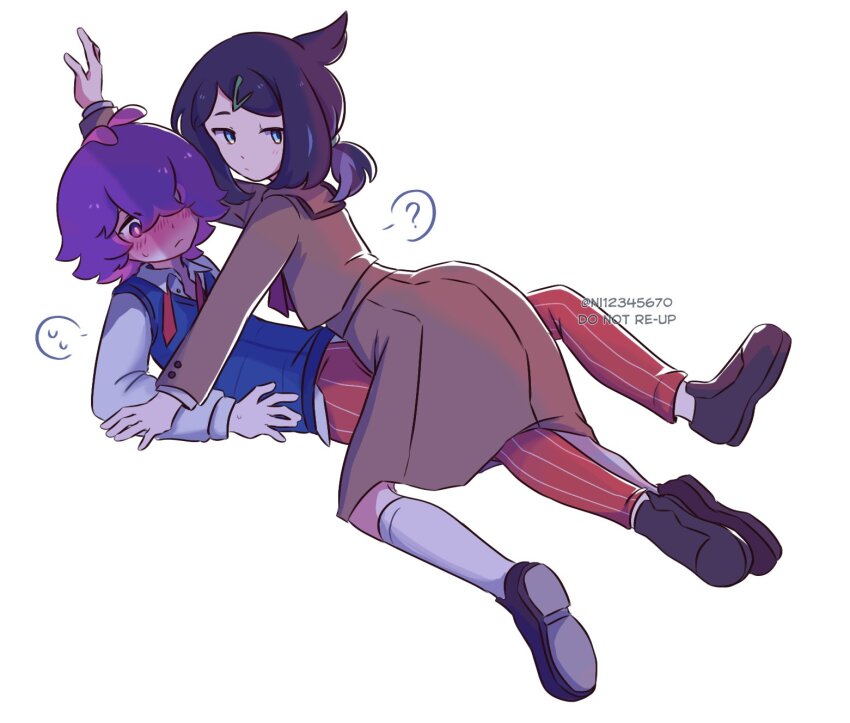 2girls black_hair blue_eyes blue_vest blush bow bowtie brown_jacket brown_skirt closed_mouth cowlick dot_(pokemon) eyelashes green_hair_ornament hair_ornament hair_over_eyes hairclip highres indigo_academy_school_uniform jacket liko_(pokemon) long_sleeves multicolored_hair multiple_girls naranja_academy_school_uniform necktie ni12345670 nintendo orange_necktie orange_pants orange_shorts pants pink_hair pokemon pokemon_(anime) pokemon_horizons purple_eyes purple_hair red_bow red_bowtie school_uniform shirt short_hair shorts skirt vest white_shirt