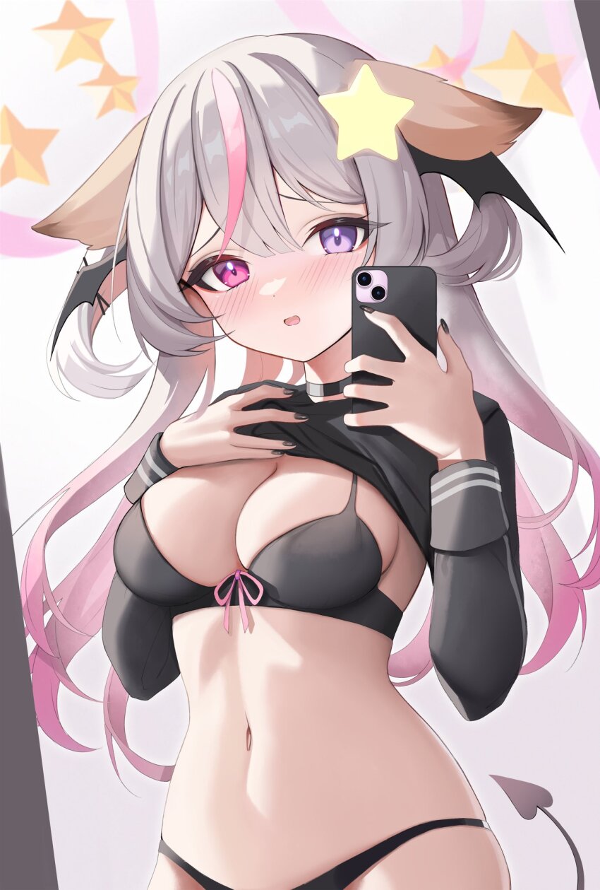 1girl animal_ears annytf black_bra black_nails black_panties black_shirt black_wings blush bra breasts cleavage clothes_lift demon_tail gradient_hair grey_hair hair_ornament head_wings heterochromia highres holding holding_phone hoshimurii indie_virtual_youtuber lifting_own_clothes long_sleeves multicolored_hair navel open_mouth panties phone pink_eyes pink_hair purple_eyes selfie shirt shirt_lift solo star_(symbol) star_hair_ornament stomach streaked_hair tail underwear virtual_youtuber wings