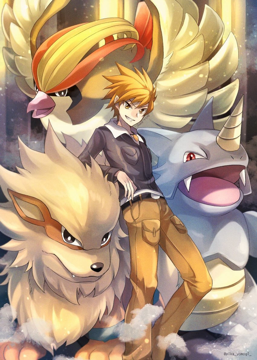 1boy arcanine belt belt_buckle black_belt blue_oak brown_eyes brown_pants buckle commentary_request gen_1_pokemon grin highres jacket jewelry leaning long_sleeves male_focus necklace nintendo orange_hair pants pidgeot pokemon pokemon_(creature) pokemon_hgss rhydon short_hair smile spiked_hair teeth twitter_username yomogi_(black-elf)