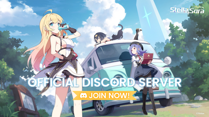 3girls ahoge amber_(stella_sora) backless_shirt black_cat black_footwear black_gloves black_hair black_pantyhose blonde_hair blue_eyes blue_skirt blue_sky boots breasts can cat cat_stretch collared_shirt commentary computer copyright_name copyright_notice day discord_logo dress_shirt drink_can drinking dutch_angle energy_drink english_commentary english_text framed_breasts gloves hand_on_own_hip highres holding holding_can holding_laptop iris_(stella_sora) juliet_sleeves knee_boots lace-up_boots laptop long_hair long_sleeves lying motor_vehicle multiple_girls necktie new_star_guild_(stella_sora) noya_(stella_sora) official_art on_stomach on_van outdoors pantyhose parted_bangs pink_eyes puffy_sleeves purple_hair recreational_vehicle red_necktie shirt short_hair sideboob sideless_shirt sidelocks skirt sky standing star-shaped_pupils star_(symbol) stella_sora stretching symbol-shaped_pupils the_pose van white_shirt yellow_eyes