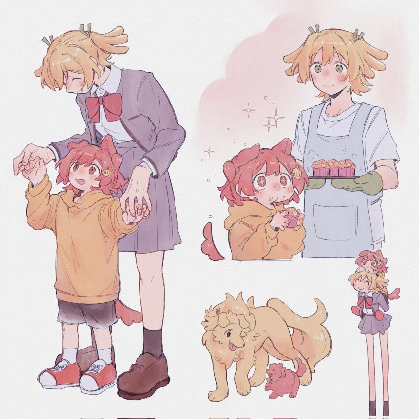 +_+ 2girls :| ^_^ aged_down aijou_karen animal_ears animalization ankle_socks apron black_shorts black_socks blonde_hair blue_apron blush bow bowtie breast_pocket brown_eyes brown_fur brown_hair brown_shoes carrying carrying_person chibi chibi_inset closed_eyes closed_mouth collared_shirt commentary corrupted_twitter_file crown_hair_ornament crumbs cupcake daiba_nana dog dog_ears dog_tail double-parted_bangs eating food front-to-back green_eyes green_mittens green_ribbon grey_jacket grey_skirt grin hair_between_eyes hair_ribbon hands_on_another&#039;s_head hands_up highres holding holding_food holding_hands holding_plate hood hood_down hoodie jacket kemonomimi_mode leaning_forward loafers long_legs long_sleeves looking_ahead looking_at_another looking_up mittens motion_lines multiple_girls open_clothes open_jacket open_mouth orange_hoodie oven_mitts piggyback plate pleated_skirt pocket red_bow red_bowtie red_shoes rei931218 ribbon seishou_music_academy_uniform shirt shirt_tucked_in shoes short_hair short_sleeves short_twintails shorts shoujo_kageki_revue_starlight side-by-side skirt smile socks standing star_(symbol) symbol-only_commentary tail three_quarter_view twintails two_side_up white_background white_shirt white_socks yellow_fur