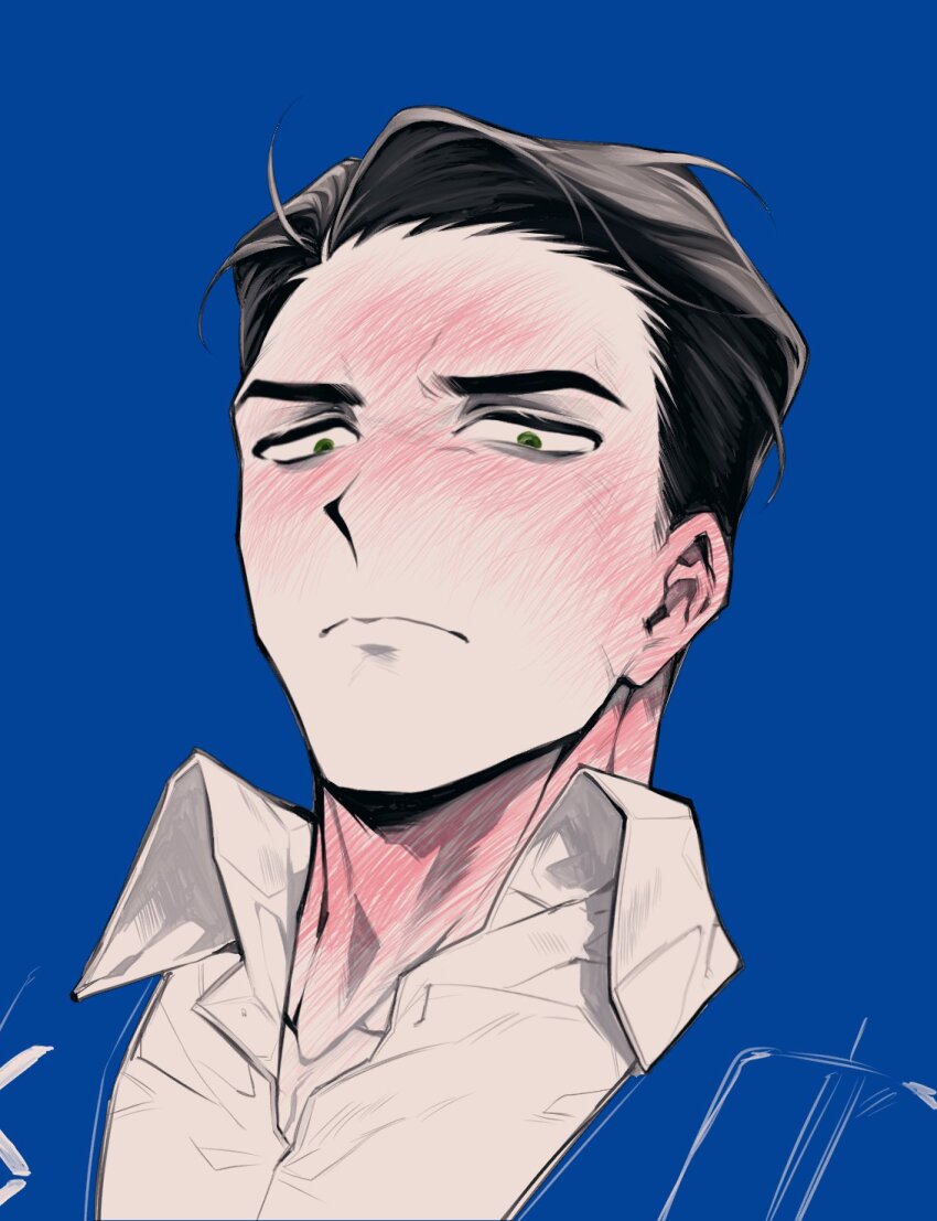 1boy black_hair blending blue_background blue_vest blush closed_mouth collared_shirt full-face_blush green_eyes highres limbus_company looking_at_viewer looking_down male_focus meursault_(project_moon) nyak_138 project_moon shirt simple_background solo upper_body vest white_shirt