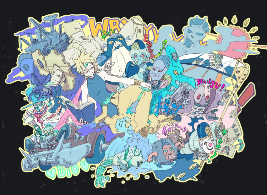 1boy anubis_(stand) atum_(stand) blonde_hair boat book bug car cream_(stand) dark_blue_moon death_13 dio_brando ebony_devil emperor_(stand) empress_(stand) english_text everyone gears gun hanged_man_(stand) headband heart high_priestess_(stand) horus_(stand) jojo_no_kimyou_na_bouken judgment_(stand) justice_(stand) mokeo motor_vehicle oingo osiris_(stand) red_eyes scythe sethan_(stand) sleeveless stand_(jojo) strength_(stand) sun tenor_sax tenore_sax the_sun_(stand) the_world tower_of_grey_(stand) watercraft weapon wheel_of_fortune_(stand) wryyyyyyyyyyyyyyyyyyyy