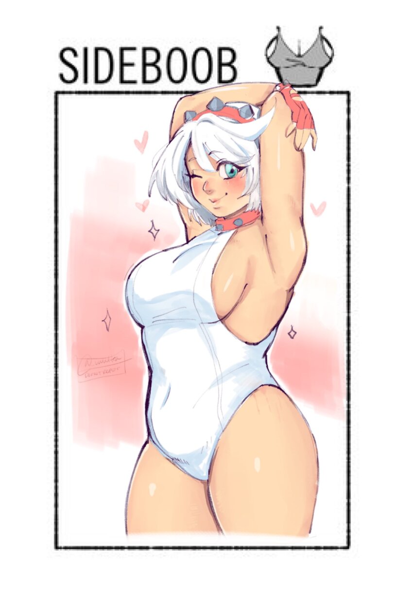 1girl armpits blush breasts elphelt_valentine guilty_gear guilty_gear_strive highres leotard sideboob thick_thighs thighs white_hair