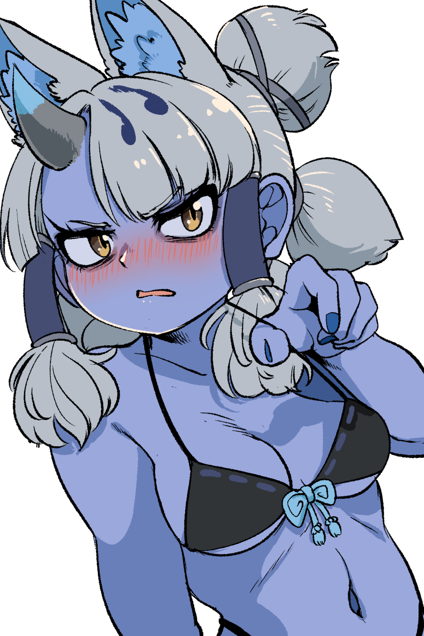 1girl animal_ear_fluff animal_ears arm_at_side bikini black_bikini blue_hair blue_horns blue_oni blue_skin blush breasts colored_skin extra_ears fingernails front-tie_bikini_top front-tie_top ginkaku_(kemono_friends) grey_hair grey_horns hair_tubes hand_up highres horns kemono_friends kemono_friends_3 looking_at_viewer mcgunngu medium_breasts medium_hair multicolored_hair multicolored_horns navel nose_blush oni parted_lips simple_background single_horn solo stomach strap_gap strap_pull swimsuit two-tone_hair two-tone_horns upper_body v-shaped_eyebrows yellow_eyes