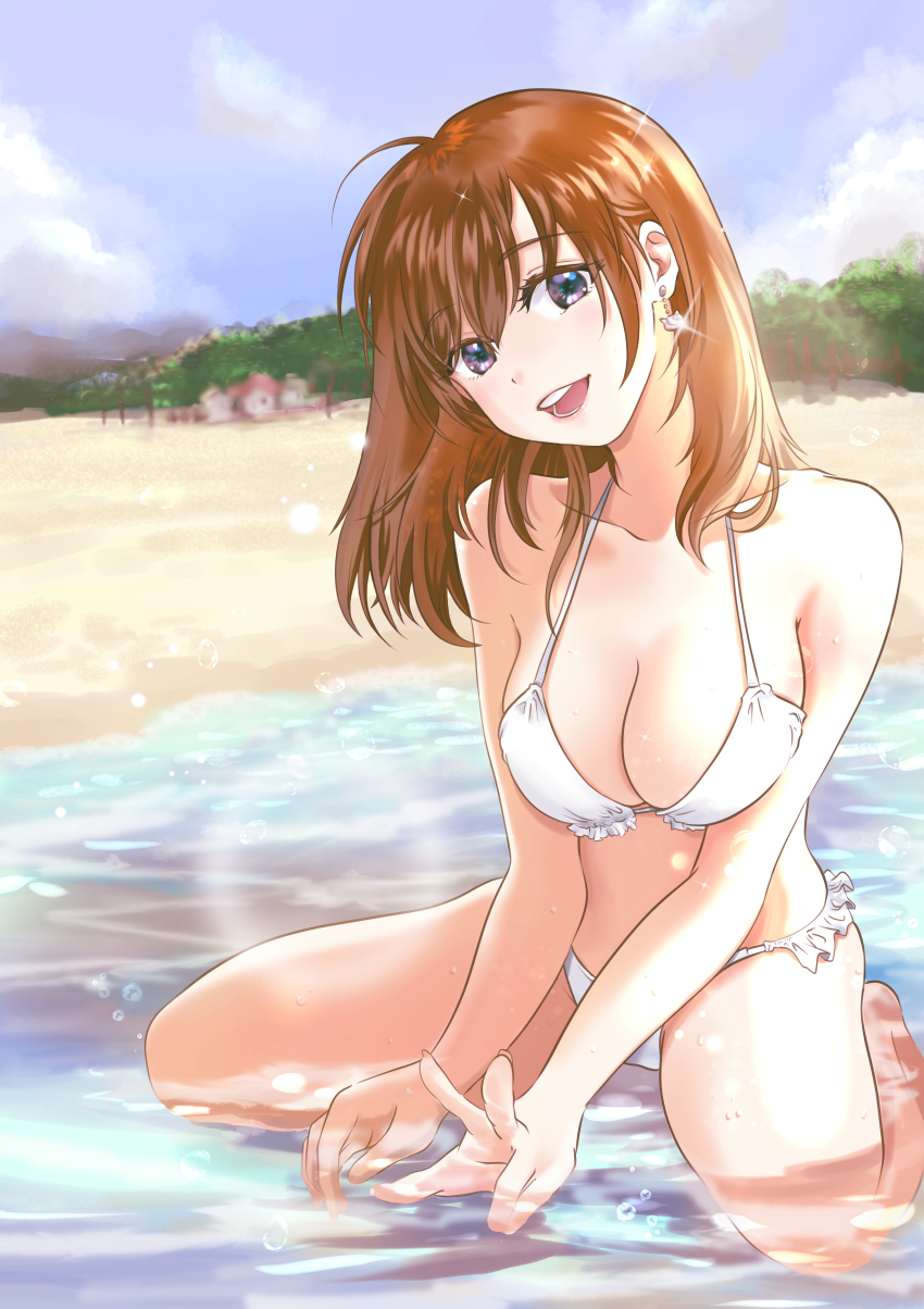 1girl absurdres beach bikini blue_eyes breasts brown_hair cleavage cloud cloudy_sky collarbone female_focus frilled_bikini frills head_tilt highres huge_filesize hut kirin_13 long_hair looking_at_viewer medium_breasts ocean open_mouth original outdoors sitting sky smile solo swimsuit teeth upper_teeth_only wariza water white_bikini