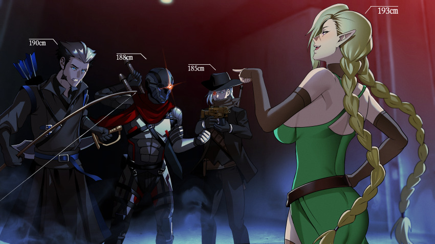 1girl 364ing 3boys absurdres ammunition_pouch angry arx-160 black_hair blonde_hair blue_eyes bodysuit bow_(weapon) braid commission cowboy cowboy_western dress elf facial_hair green_dress grey_eyes grey_hair gun height height_conscious height_difference height_envy highres holster laughing long_bangs mask monocle multicolored_hair multiple_boys mustache original pointing pointy_ears pouch purple_eyes quiver red_scarf scarf skeb_commission sword sword_on_back tall_female teasing twin_braids weapon weapon_on_back western white_hair