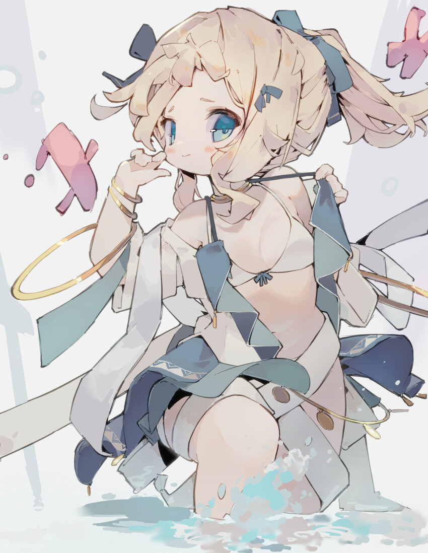 1girl absurdres bikini blonde_hair blue_eyes blue_ribbon blush_stickers breasts closed_mouth cowboy_shot hair_ribbon highres light_smile long_hair looking_at_viewer navel nep_(nep_76) original ponytail ribbon small_breasts solo splashing swimsuit water white_bikini
