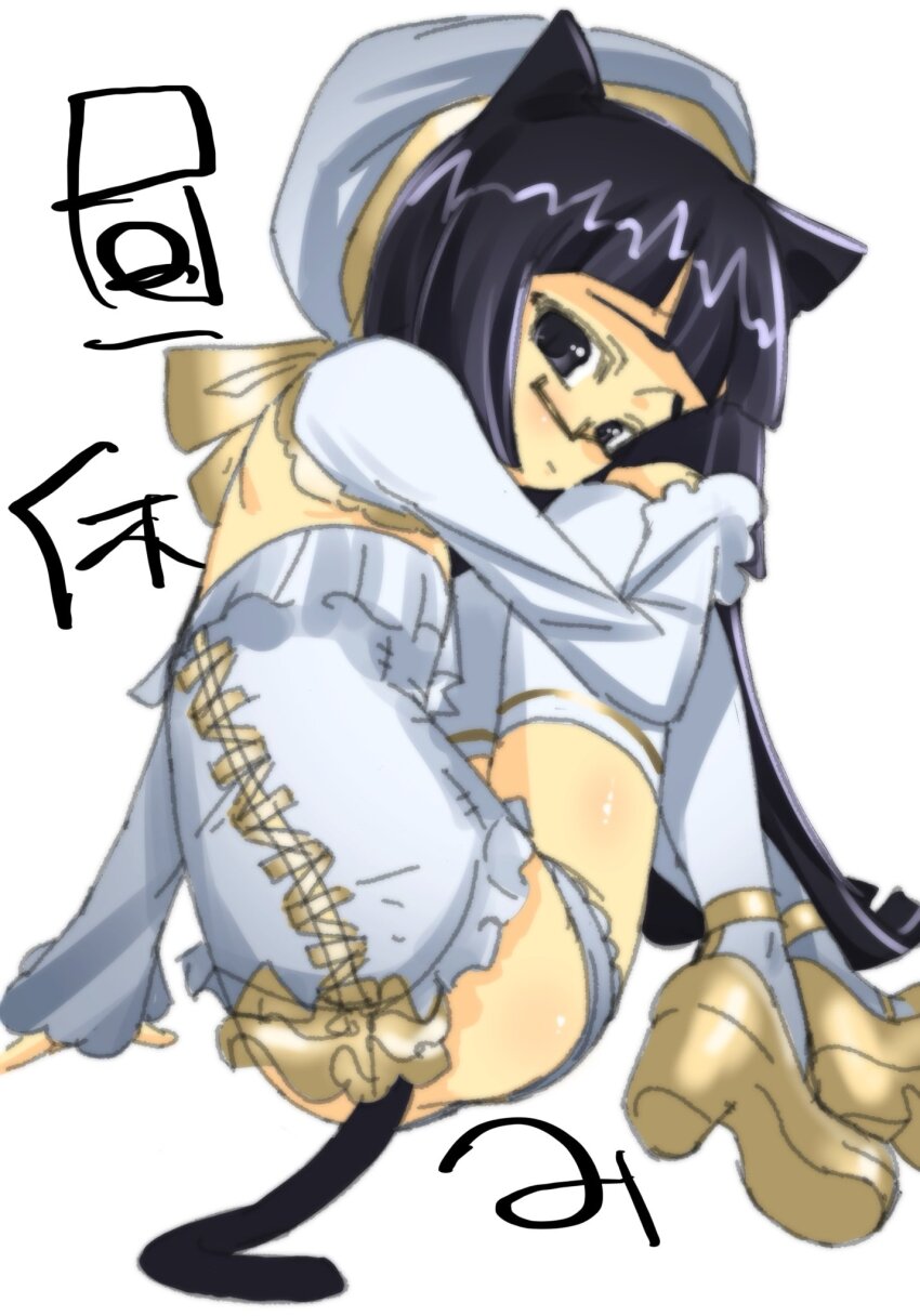 1girl animal_ears beret black_eyes black_hair cat_ears cat_girl cat_tail closed_mouth detached_sleeves expressionless from_behind glasses gold_ribbon gold_shoes gold_trim hat highres long_hair long_sleeves looking_at_viewer looking_back original panties platform_shoes semi-rimless_eyewear shoes simple_background sitting solo straight_hair strappy_heels tail thighhighs underwear veloexotica white_background white_hat white_panties white_thighhighs