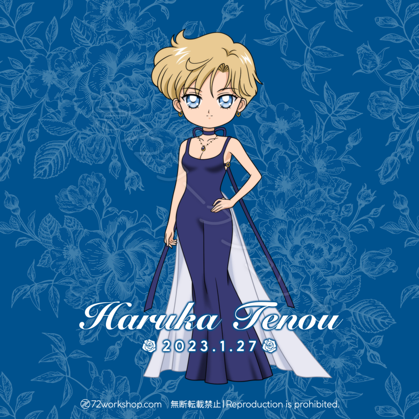1girl 72workshop bishoujo_senshi_sailor_moon blonde_hair blue_background blue_dress blue_eyes chibi dress earrings hand_on_own_hip highres hoop_earrings jewelry neck_ribbon necklace princess_uranus ribbon sailor_uranus smile solo ten&#039;ou_haruka