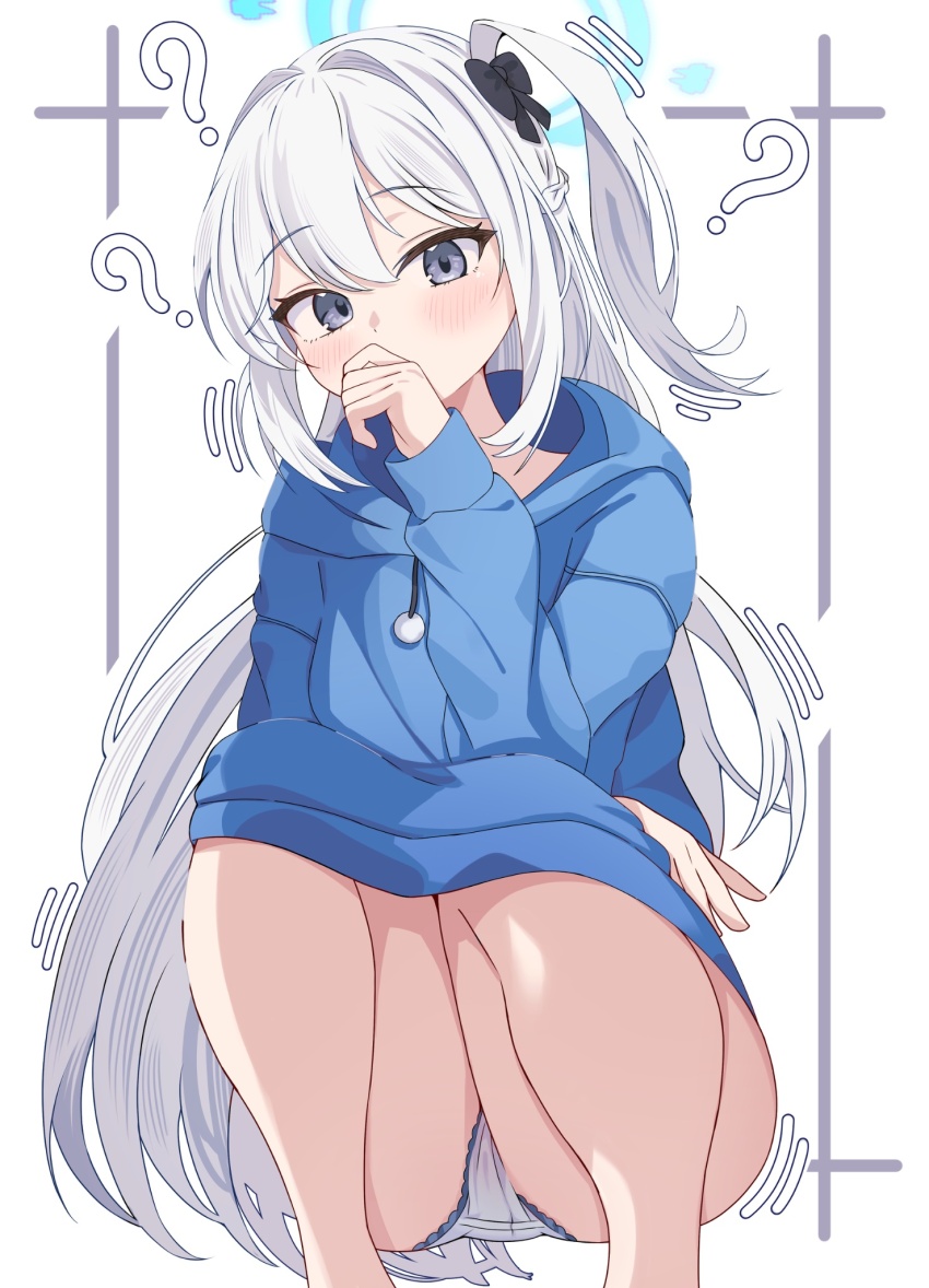 1girl ? ?? black_bow black_bowtie blue_archive blue_eyes blue_hoodie bow bowtie highres hood hoodie kanimiso30601 long_hair long_sleeves looking_at_viewer miyako_(blue_archive) panties solo squatting underwear white_hair