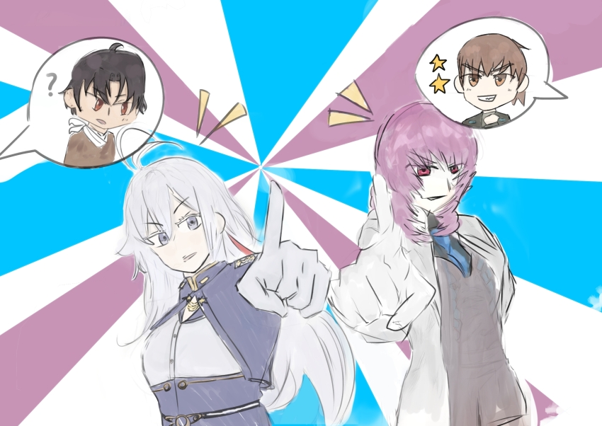 2boys 2girls 86_-eightysix- ? commentary crossover highres kouzuki_yuuko multiple_boys multiple_girls muv-luv muv-luv_alternative shinei_nouzen shirogane_takeru vladilena_millize