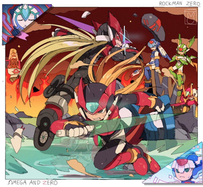 1girl 2girls 6+boys armor bendedede blonde_hair broken_armor brown_sky bruise clenched_teeth crack crop_top cyber_elf_x_(mega_man) dark_elf_(mega_man) debris digital_dissolve doppelganger dr._weil_(mega_man) dr._wily_(mega_man) dual_persona energy_sword evil_grin evil_smile fairy_leviathan_(mega_man) fiery_background fighting fighting_fefnir_(mega_man) fire forehead_jewel glowing_jewelry green_eyes grin helmet highres holding holding_sword holding_weapon injury leaning_forward lightsaber long_hair mega_man_(series) mega_man_zero_(series) mega_man_zero_3 multiple_boys multiple_girls omega_(mega_man) orange_clouds red_armor red_eyes red_footwear sage_harpuia_(mega_man) shoe_soles smile sword sword_fight tagme teeth very_long_hair weapon x_(mega_man) z_saber zero(z)_(mega_man) zero_(mega_man)