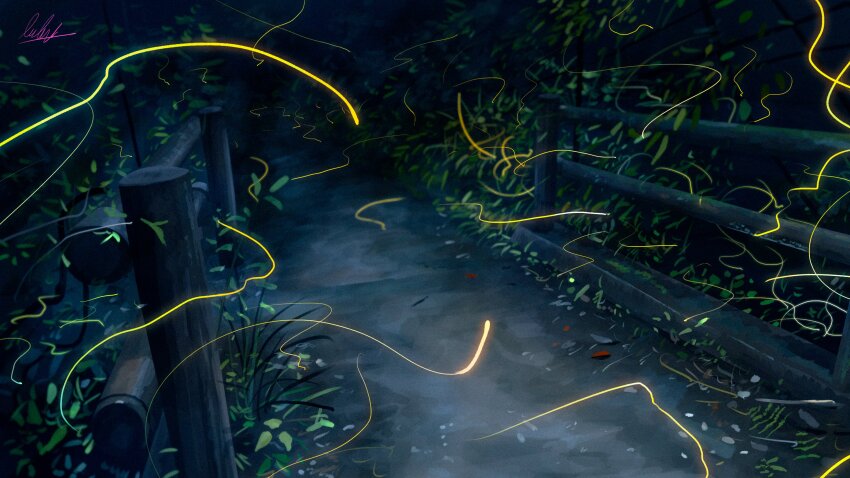 absurdres banishment commentary_request dark fence fireflies foliage highres no_humans original outdoors path road scenery signature wooden_fence