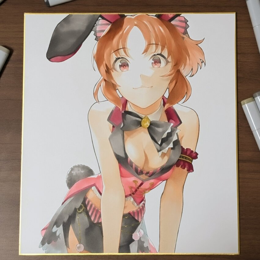 1girl abe_nana animal_ears bow bowtie breasts cleavage crop_top detached_collar fake_animal_ears fake_tail highres hikonyaaa idolmaster idolmaster_cinderella_girls leaning_forward marker_(medium) navel orange_eyes orange_hair pencil_skirt photo_(medium) ponytail rabbit_ears rabbit_tail skirt small_breasts solo tail traditional_media