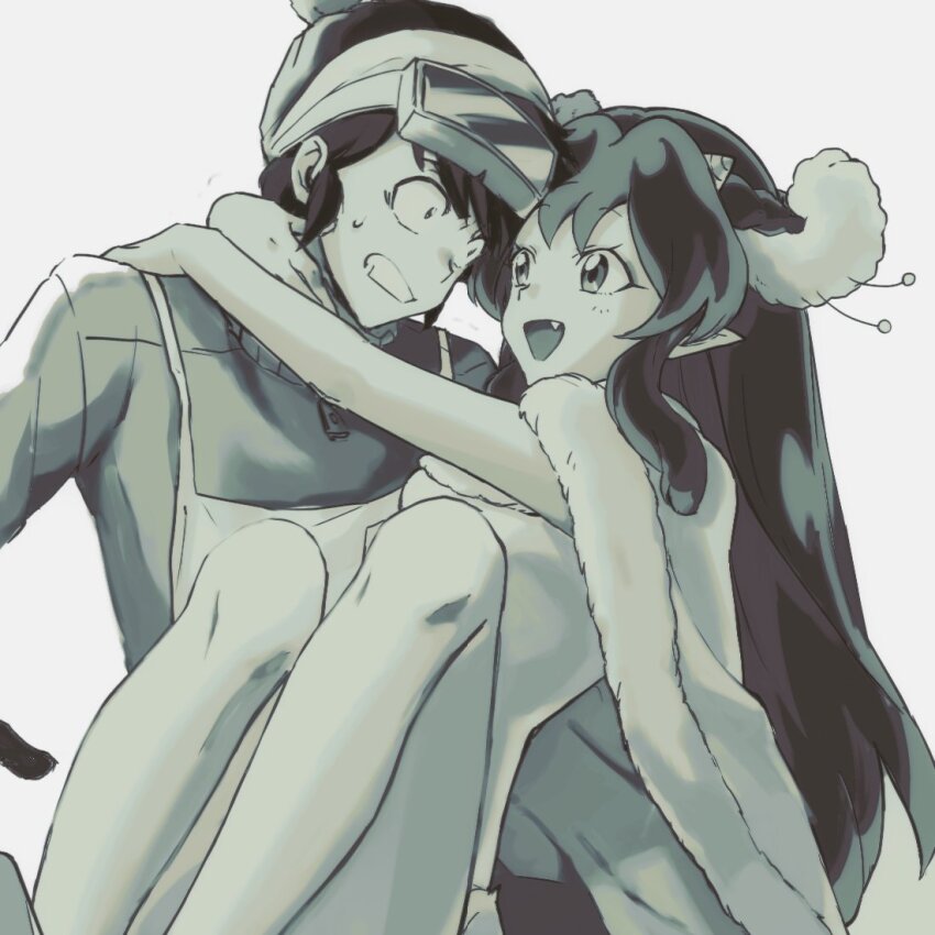 1boy 1girl apron arms_around_neck breasts clenched_teeth cloak fang fur-trimmed_cloak fur_trim goggles goggles_on_head hetero horns light_blush long_hair looking_at_another lum ma male_focus medium_breasts moroboshi_ataru open_mouth pointy_ears qrhara555 short_hair sidelocks smile sweatdrop sweater teeth turtleneck turtleneck_sweater upper_body urusei_yatsura