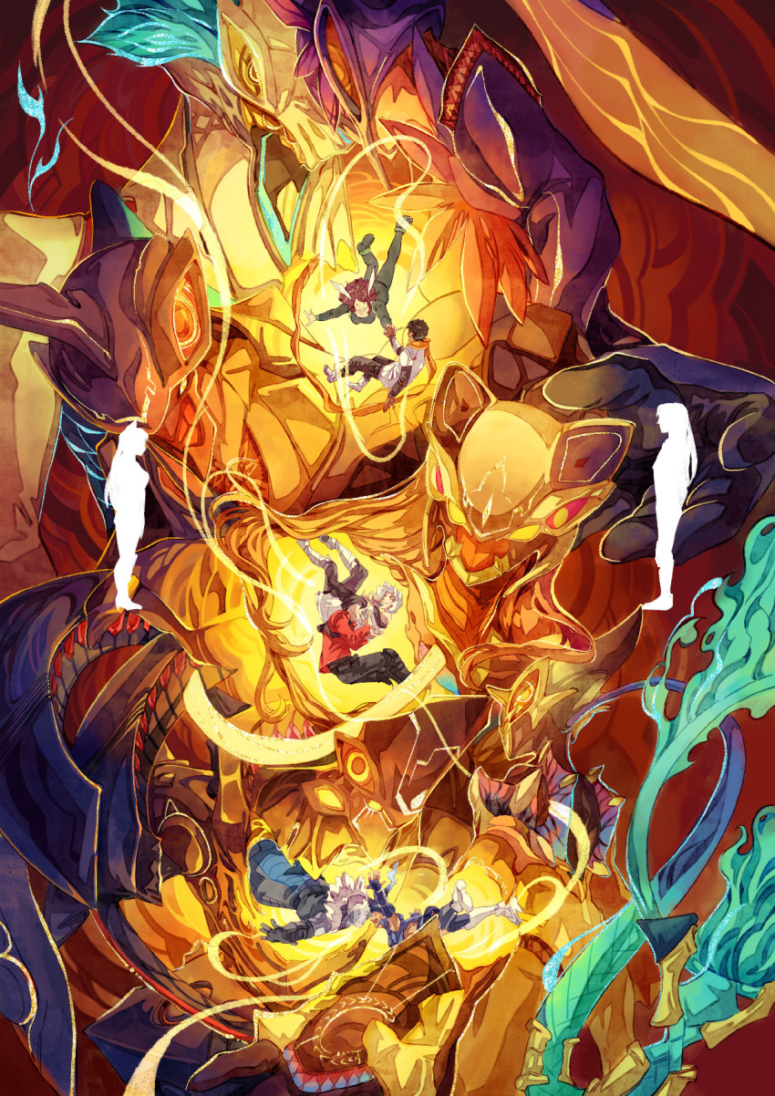 4boys 4girls 4threset animal_ears cat_ears eunie_(xenoblade) fiery_hair floating head_wings highres holding_hands lanz_(xenoblade) m_(xenoblade) mio_(xenoblade) multiple_boys multiple_girls n_(xenoblade) noah_(xenoblade) scarf sena_(xenoblade) side_ponytail silhouette taion_(xenoblade) wings xenoblade_chronicles_(series) xenoblade_chronicles_3