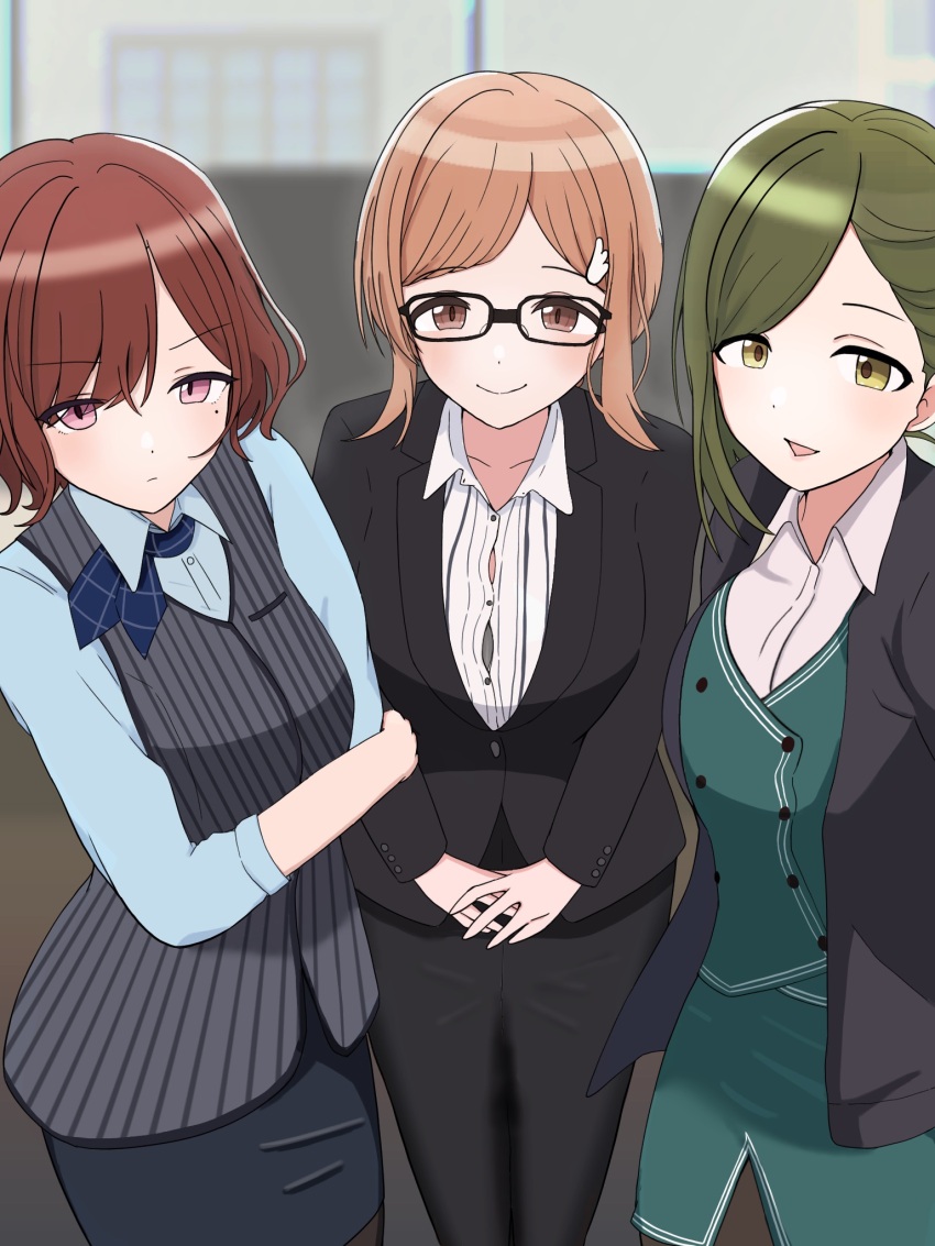 3girls bespectacled blazer breasts button_gap crossed_arms glasses green_vest highres higuchi_madoka hondy_(user_gcxa2842) idolmaster idolmaster_shiny_colors indoors jacket looking_at_viewer medium_breasts multiple_girls nanakusa_hazuki office_lady own_hands_together sakuragi_mano vest
