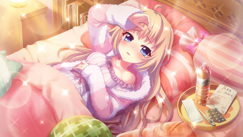 1girl ahoge bedroom blue_eyes blush book bookshelf bottle breasts chest_of_drawers cleavage collarbone digital_thermometer dot_nose fever film_grain frilled_pajamas frills fuzzy_clothes game_cg hair_down hand_on_own_head hand_on_own_stomach indoors itsumura_haruka izumi_tsubasu lens_flare light_brown_hair long_hair long_sleeves looking_at_viewer medicine medium_breasts non-web_source official_art pajamas parted_lips pink_pajamas re:stage! sick single_off_shoulder solo sparkle striped_pillow thermometer tray under_covers water_bottle