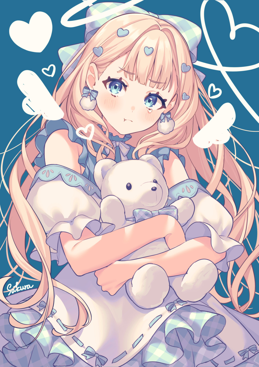 1girl :t blonde_hair blue_background blue_bow blue_dress blue_eyes blush bow commentary cowboy_shot detached_sleeves dress earrings frilled_dress frills hair_bow hair_ornament heart heart_hair_ornament highres holding holding_stuffed_toy jewelry long_hair looking_at_viewer lq_saku original plaid_bow plaid_clothes plaid_dress pout simple_background solo stuffed_animal stuffed_toy tearing_up teddy_bear wavy_hair white_dress wings