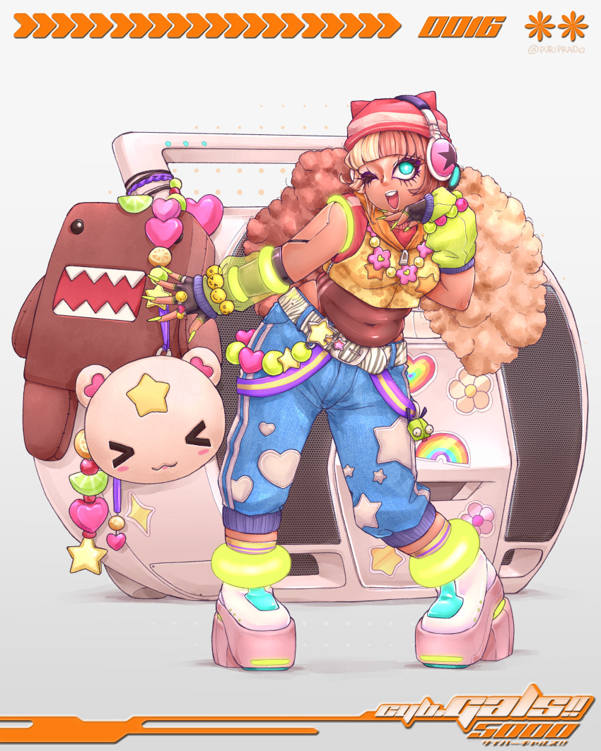 1girl absurdres afro animal_ears aqua_eyes bead_bracelet bead_necklace beads beanie belt black_gloves blonde_hair blue_pants bracelet brown_hair cat_ears cd_player charm_(object) commentary cropped_jacket dark-skinned_female dark_skin denim domo-kun english_commentary eyelashes fingerless_gloves fingernails ganguro gir_(dog_costume)_(invader_zim) gir_(invader_zim) gloves glowing gyaru gyaru_makeup hat headphones highlighter_(makeup) highres invader_zim jeans jewelry long_fingernails low_twintails manba_gyaru navel necklace nhk_(broadcaster) one_eye_closed original pants puri_prado red_hat solo sticker twintails yamanba_(gyaru)