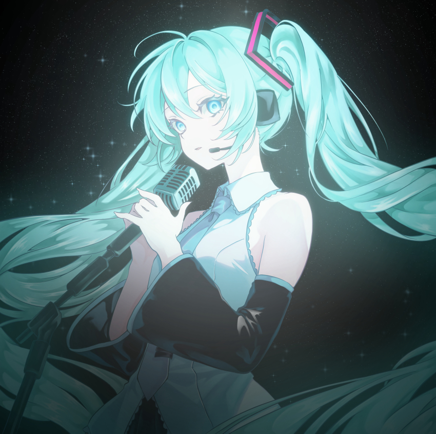 1girl absurdres aqua_hair black_sleeves blue_eyes blue_necktie detached_sleeves frilled_shirt frills hatsune_miku headset highres holding holding_microphone_stand long_hair looking_at_viewer luv_xuo microphone_stand necktie night night_sky parted_lips shirt sidelocks sky sleeveless sleeveless_shirt solo twintails very_long_hair vocaloid white_shirt