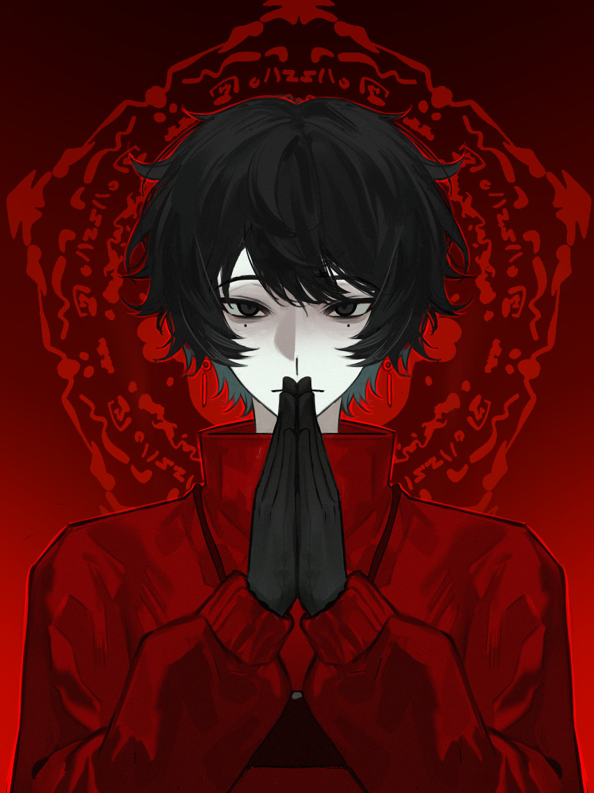 1boy :| absurdres anmixiu906 black_eyes black_gloves black_hair camera camera_around_neck chinese_commentary closed_mouth commentary_request earrings gloves high_collar highres jewelry li_yuting_(male) long_sleeves looking_at_viewer male_focus mole mole_under_each_eye mole_under_eye multiple_moles pale_skin palms_together red_background red_shirt shirt short_hair solo touqi_guaitan