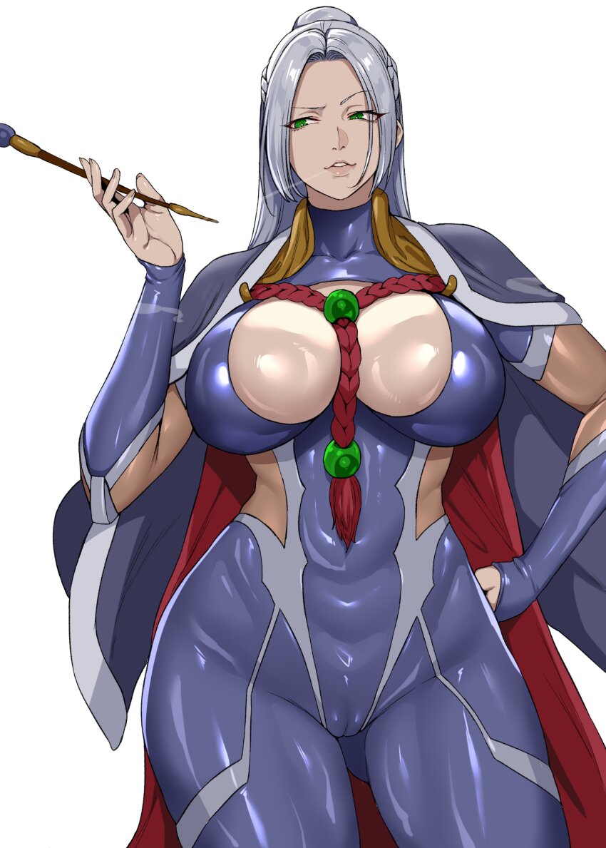 1girl absurdres breasts green_eyes grey_hair highres huge_breasts inage_natsu long_hair smoke taimanin_(series) taimanin_rpgx yesman_(cvbnyesman)