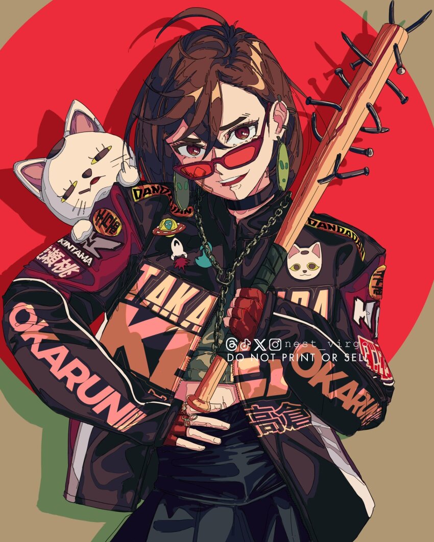 1girl artist_name ayase_momo baseball_bat brown_hair cat character_name collar copyright_request dandadan glasses highres holding holding_baseball_bat jacket nest_virgo pendant_earring signature sunglasses turbo_granny_(dandadan) weapon