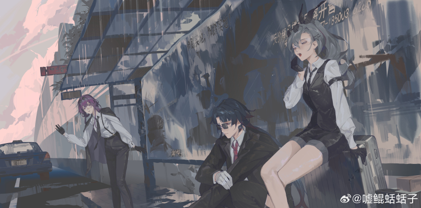 1boy 2girls absurdres black_gloves black_jacket black_necktie black_pants black_shorts black_suit blade_(honkai:_star_rail) car chinese_commentary collared_shirt commentary_request crossed_legs eyewear_on_head feet_out_of_frame formal_clothes gloves grey_eyes grey_hair hair_between_eyes hand_on_own_arm hand_up highres honkai:_star_rail honkai_(series) jacket kafka_(honkai:_star_rail) leaning_to_the_side long_hair long_sleeves looking_at_viewer motor_vehicle multiple_girls necktie on_suitcase outdoors pants ponytail purple_eyes purple_hair rain road rolling_suitcase round_eyewear shirt shorts shu_kunkuokuozi sign silver_wolf_(honkai:_star_rail) sitting smile suit suitcase sunglasses suspenders taking_shelter taxi waving white_shirt yawning