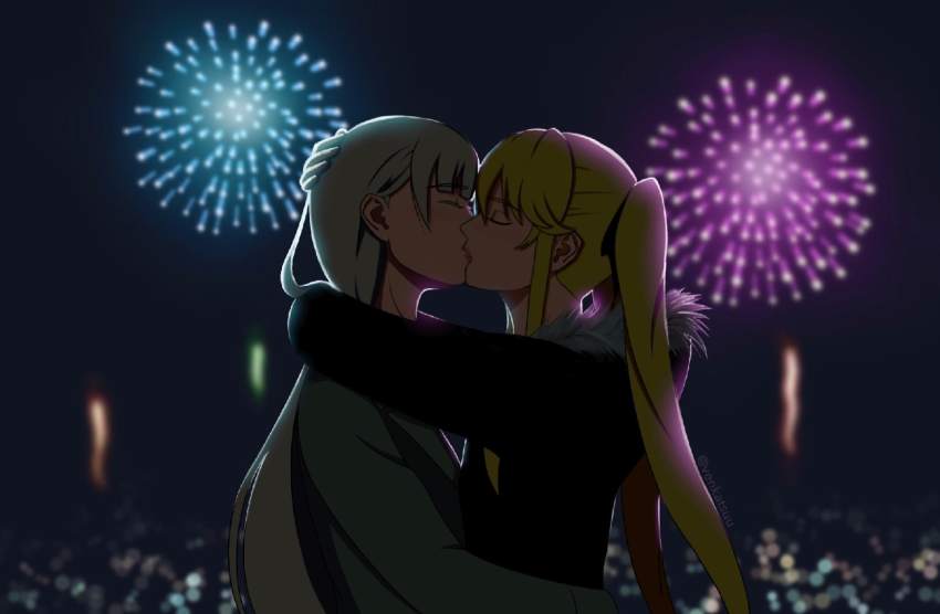 2girls blonde_hair closed_eyes fireworks highres hug kakegurui kiss long_hair momobami_ririka multiple_girls night saotome_mary tagme yuri