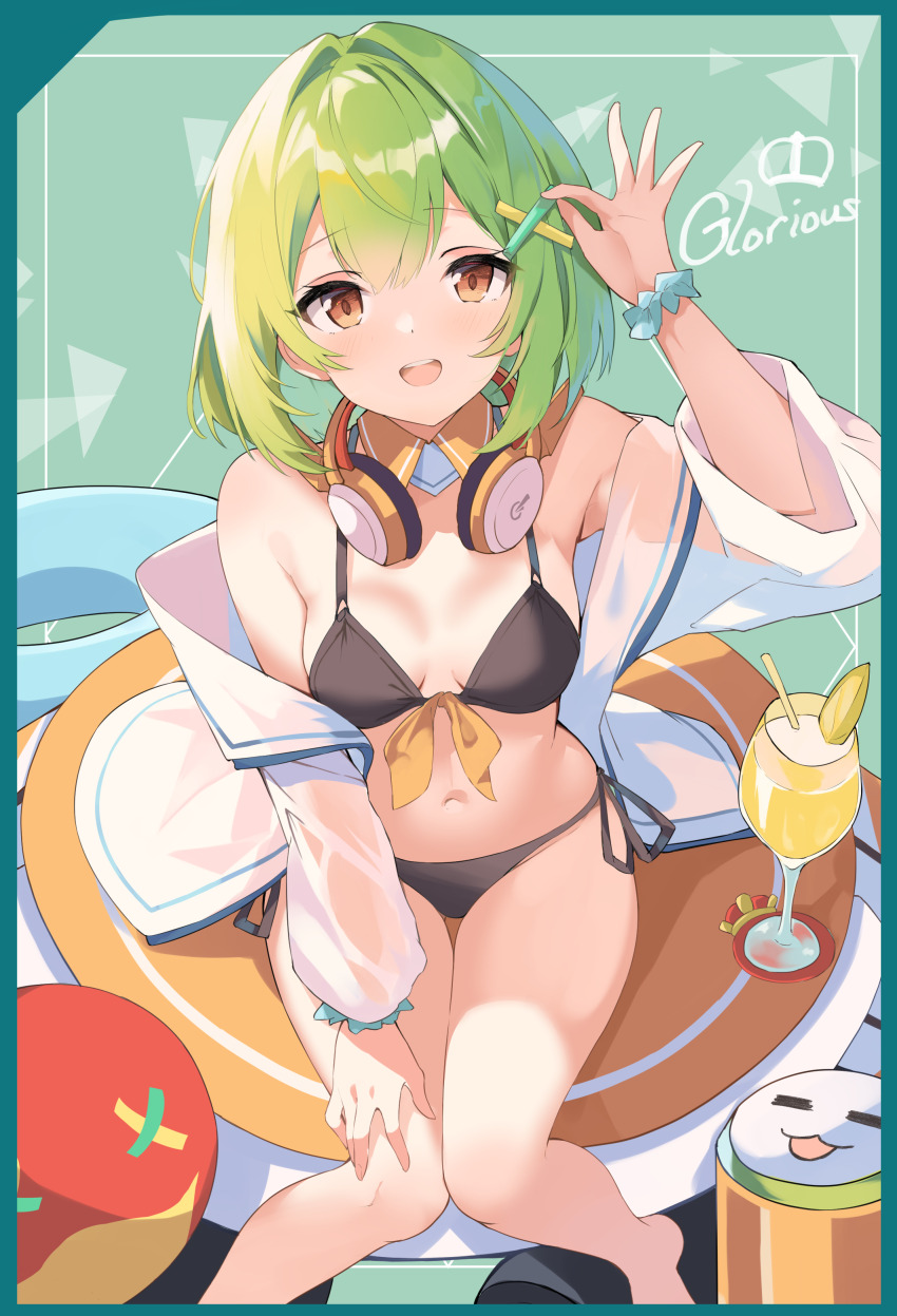 1girl absurdres arm_up armpits bare_shoulders bikini black_bikini breasts chunithm detached_collar front-tie_bikini_top front-tie_top green_hair hair_ornament hand_on_own_thigh headphones headphones_around_neck highres jacket long_sleeves looking_at_viewer medium_breasts mushpz navel off_shoulder open_clothes open_jacket open_mouth orange_eyes scrunchie see-through_clothes see-through_sleeves short_hair side-tie_bikini_bottom sitting sky_feather_(chunithm) smile solo stomach string_bikini swimsuit thigh_gap thighs white_jacket wrist_scrunchie x_hair_ornament
