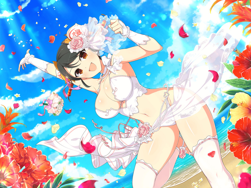 1girl steamed_bun baozi_hair_ornament beach bead_belt black_hair blush bouquet breasts bridal_legwear bridal_lingerie bridal_veil choker firecrackers flower food food-themed_hair_ornament fuse hair_ornament highres large_breasts lingerie looking_at_viewer meimei_(senran_kagura) ocean official_alternate_costume official_art open_mouth orange_eyes red_flower sandals senran_kagura senran_kagura_new_link senran_kagura_new_wave short_hair smile solo underwear veil water white_choker yaegashi_nan