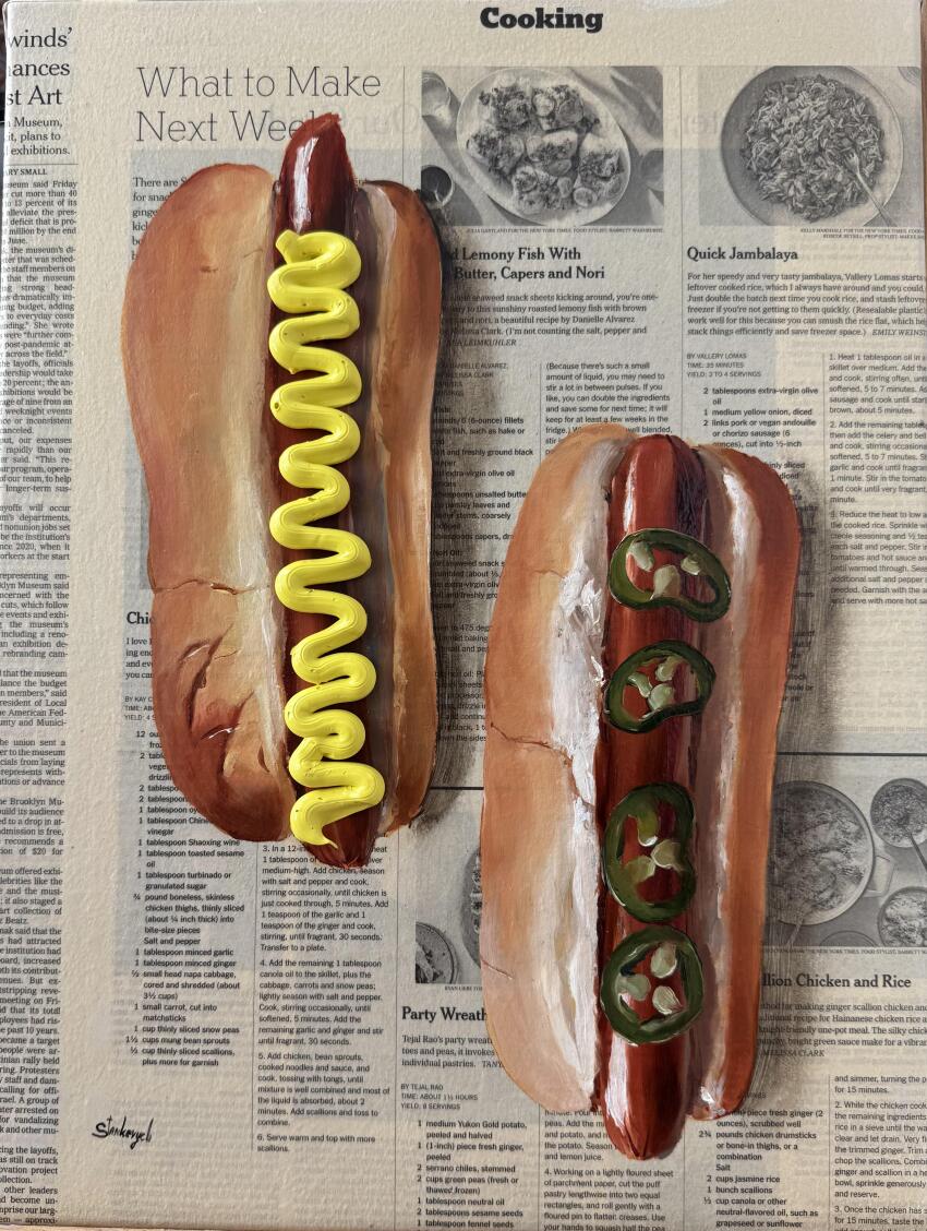 absurdres acrylic_paint_(medium) bread_bun chili_pepper food food_focus highres hot_dog impasto jalapeno_pepper julia_stankevych mustard newspaper no_humans oil_painting_(medium) original painting_(medium) photo_(medium) realistic recipe_(object) signature still_life traditional_media wall_of_text
