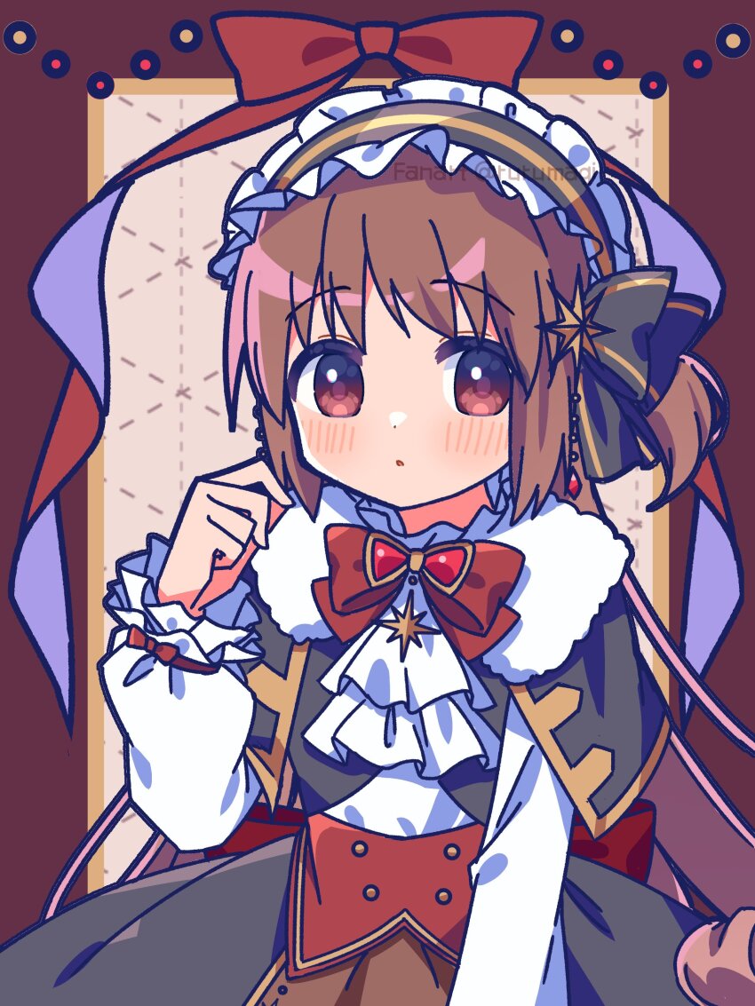 1girl :o absurdres argyle_background black_bow blush border bow bowtie brown_hair capelet christmas commentary frilled_hairband frills fur-trimmed_capelet fur_trim hair_bow hair_ornament hairband hand_up highres long_hair long_sleeves looking_at_viewer magia_record:_mahou_shoujo_madoka_magica_gaiden magical_girl mahou_shoujo_madoka_magica official_alternate_costume outside_border puffy_sleeves red_border red_bow red_bowtie red_eyes ribbon ruru_(rurumagi) satomi_touka satomi_touka_(holy_night_ver.) shirt skirt solo standing twitter_username two-tone_headwear upper_body white_shirt yellow_background