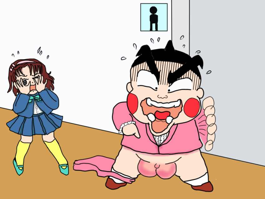 1boy 1girl black_hair brown_hair obocchama-kun obou_chama ojou_samayo penis tacles restroom_symbol yellow_legwear