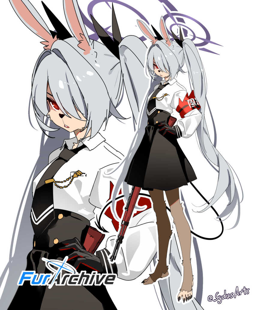 1girl absurdres animal_ears armband artist_name black_gloves black_nails black_necktie black_skirt black_tail blue_archive bolt_action brown_fur buck_teeth clip_studio_paint_(medium) commentary copyright_logo demon_tail english_commentary full_body furrification furry furry_female gloves grey_hair gun hair_over_one_eye hair_ribbon halo hand_on_own_hip highres holding holding_weapon iori_(blue_archive) long_hair long_sleeves mauser_98 necktie outline parted_lips purple_halo rabbit_ears rabbit_girl red_armband red_eyes ribbon rifle sharp_toenails shirt simple_background skirt solo sydus tail teeth toenails twintails twitter_username very_long_hair weapon white_background white_outline white_shirt zoom_layer