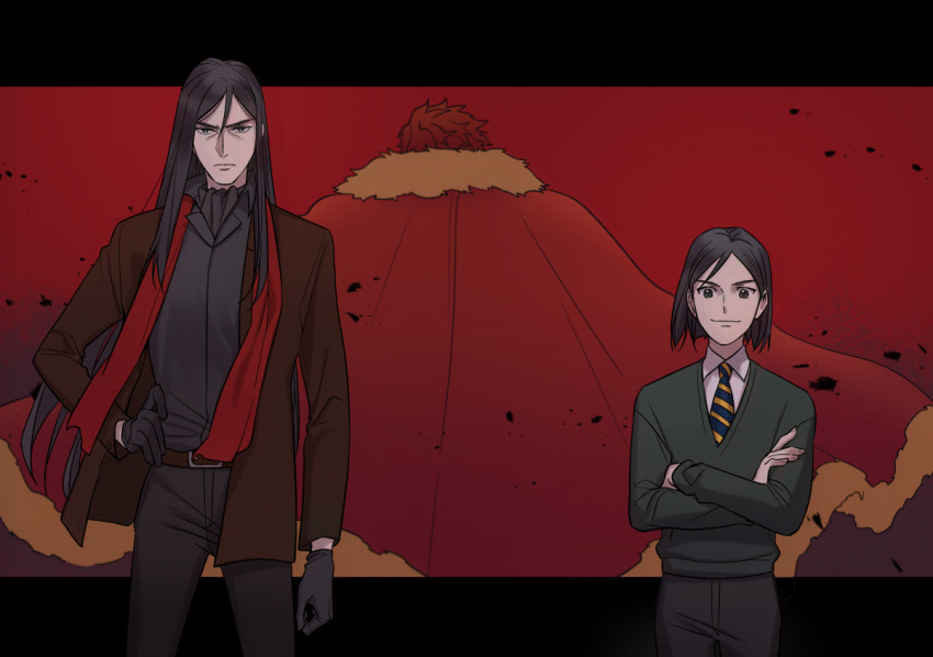 3boys ascot black_ascot black_gloves black_hair black_pants brown_jacket closed_mouth collared_shirt crossed_arms dual_persona fate_(series) gloves green_sweater hair_between_eyes halorane hand_on_own_hip iskandar_(fate) jacket letterboxed long_hair lord_el-melloi_ii male_focus multiple_boys necktie pants red_background shirt striped_necktie sweater waver_velvet