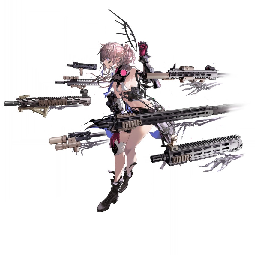 1girl ar-15 assault_rifle bikini bikini_top_only blue_eyes damaged foregrip full_body game_cg gas_mask girls&#039;_frontline gun highres laser_sight lin+ long_hair mask mechanical_arms multicolored_hair navel official_alternate_costume official_art optical_sight pink_hair ponytail rifle solo st_ar-15_(girls&#039;_frontline) st_ar-15_(i_am_chaos)_(girls&#039;_frontline) streaked_hair suppressor swimsuit third-party_source vertical_foregrip weapon